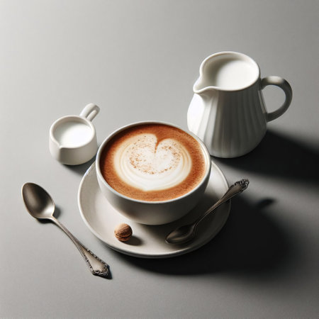 Cup of cappuccino with milk on gray background.の素材