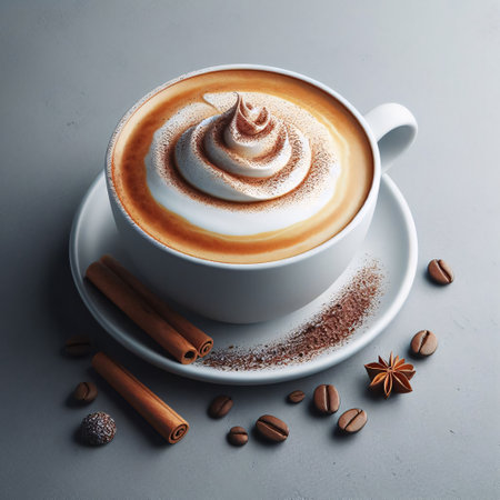 Cup of cappuccino with whipped cream and cinnamon on gray backgroundの素材