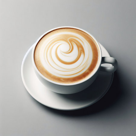 Cup of cappuccino with latte art on gray backgroundの素材