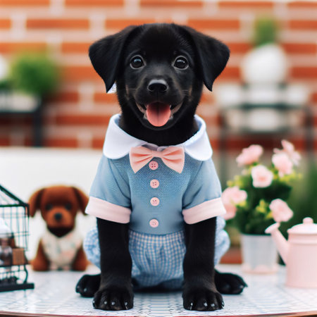 Portrait of a cute black labrador retriever puppy with pink bow tie sitting on the table.の素材
