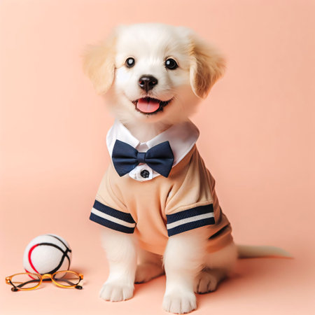 Cute Golden Retriever puppy with bow tie and eyeglassesの素材
