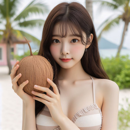 portrait of beautiful asian woman wearing bikini with coconut on the beachの素材
