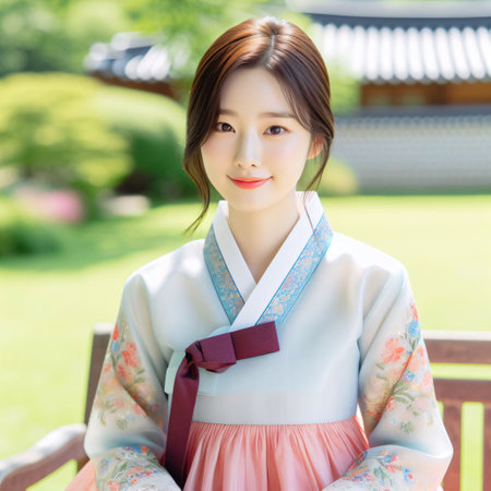 beautiful Korean woman in hanbok relax in the gardenの素材