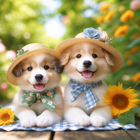 Two cute welsh corgi puppies in hat and bow tie with sunflowersの素材