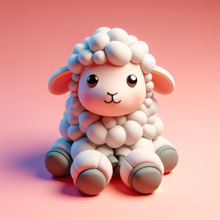 Cute sheep toy on pink background. 3D rendering. Computer digital drawing.の素材