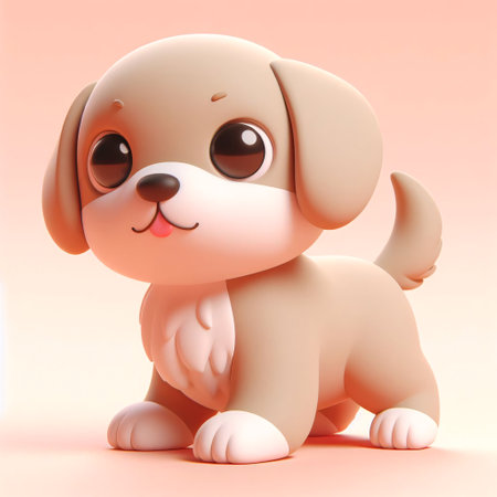 Cute cartoon dog sitting on pink background. 3D rendering.の素材