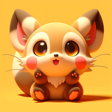 Cute Cartoon Fox on a yellow background. 3D Renderingの素材