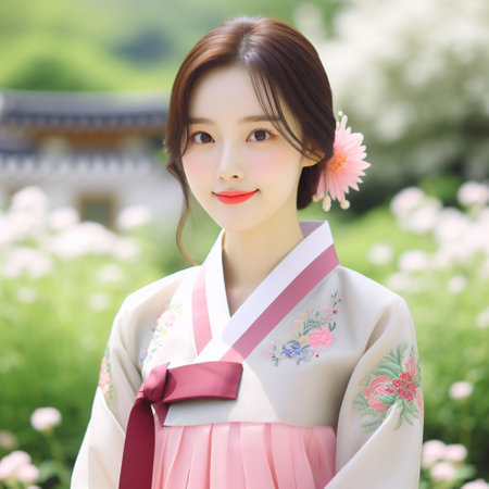 Beautiful asian kimono woman with flower in the gardenの素材