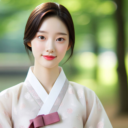 beautiful japanese woman in kimono in the parkの素材