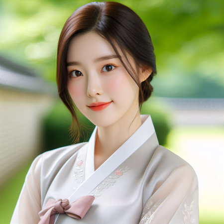 A shot of a beautiful japanese geisha in the parkの素材