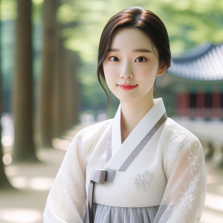 Beautiful asian kimono woman in japanese templeの素材