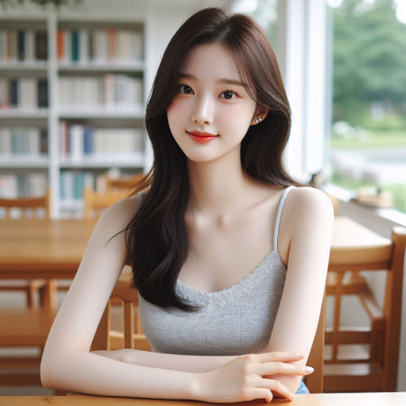 Beautiful asian woman smile and relax in coffee shop, asiaの素材