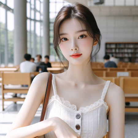 beautiful asian woman in university library, education and people conceptの素材
