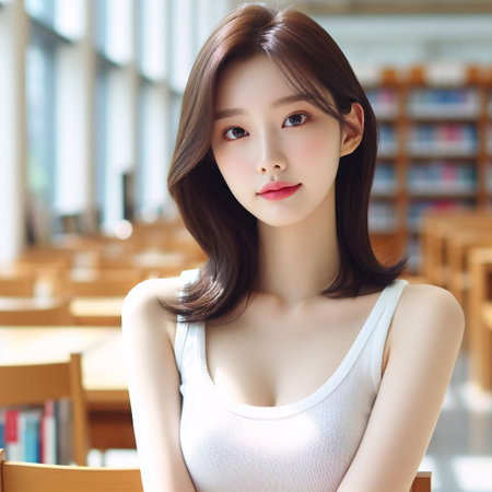 beautiful asian woman portrait in the library, asia girlの素材