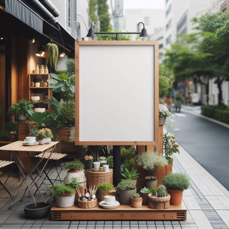 Blank vertical poster mockup in cafe. 3d rendering.の素材