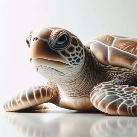 Close up of a turtle on a white background. Studio shot.の素材