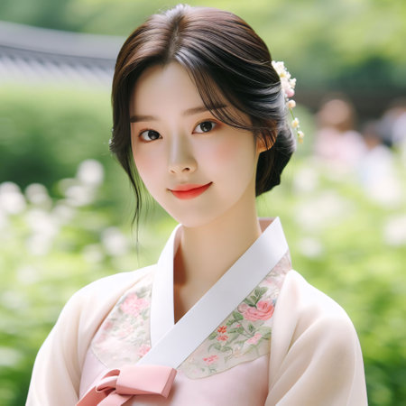 Beautiful Asian Korean Hanbok doll in Korean gardenの素材