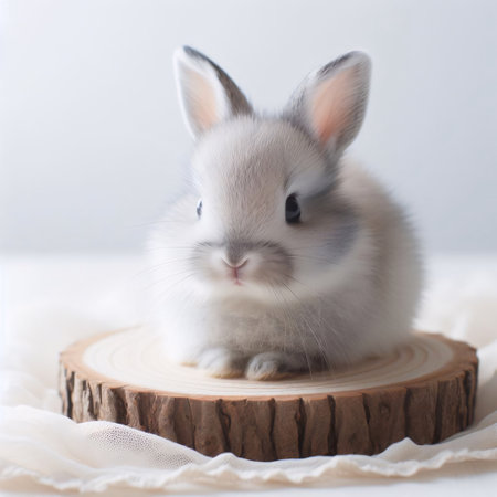 Cute little rabbit on a wooden stand on a white background.の素材