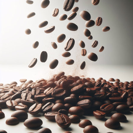 Coffee beans flying in the air. Shot in a studio.の素材