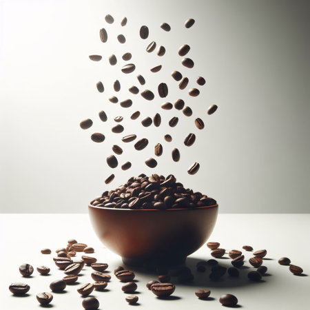 Coffee beans falling into a bowl on a white background.の素材