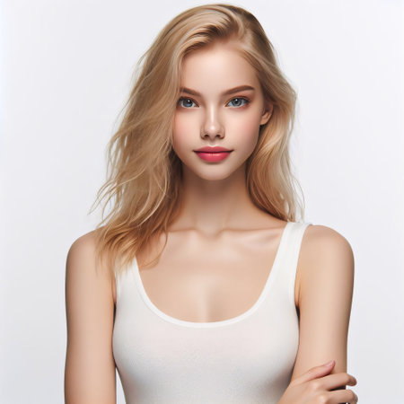Portrait of beautiful young blonde woman with clean fresh skin. Studio shot.の素材
