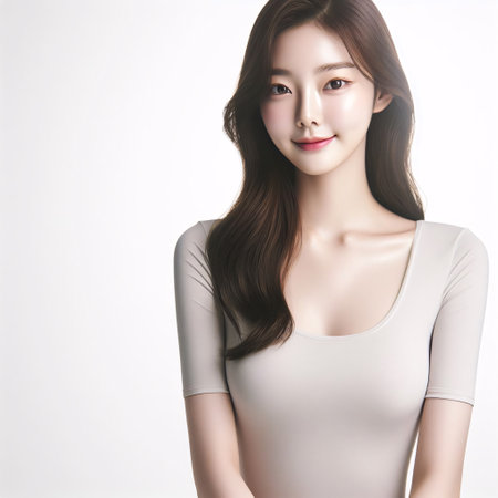 Beautiful young asian woman with clean fresh skin, on white background, asian beautyの素材