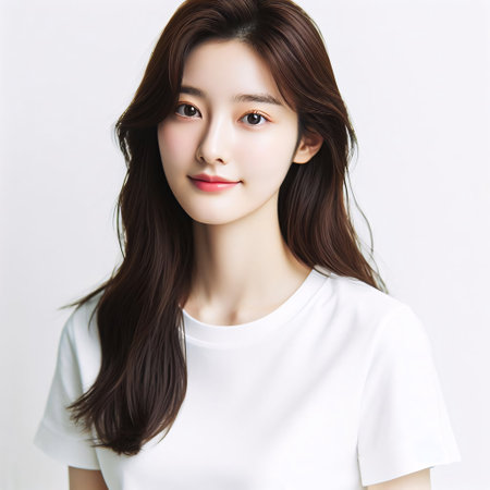 Beautiful young asian woman with clean fresh skin, on white background, asian beautyの素材