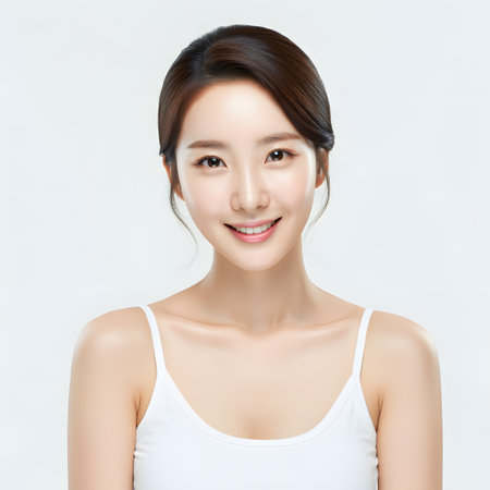 Beautiful Young Asian Woman with Clean Fresh Skin. Face care, Facial treatment, Cosmetology, beauty and healthy skin and cosmetic concept, woman beauty skin isolated on white background.の素材