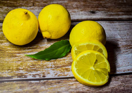 Lemons on wooden deskの写真素材