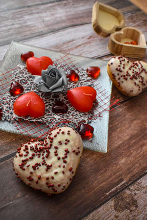 Valentine decoration with baked heartsの写真素材