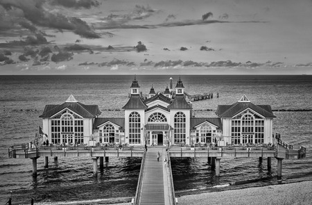 black-and-white pier of Ruegen Island in Germany, Mecklenburg-Vorpommernのeditorial素材
