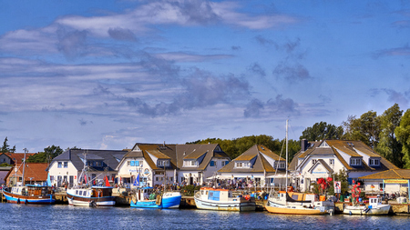 Harbor in Vitte with fishing boats on a sunny beautiful day, Hiddensee island, Baltic Sea, Germanyのeditorial素材