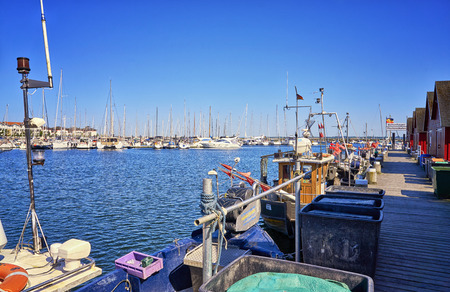 View of the marina with sailboats at the harbor White Wiek. Letters with Boltenhagen fishing harbor means Boltenhagen fishing port.のeditorial素材