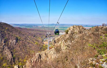 View from the cable car gondola to the mountains in Thale. Saxony-Anhalt, Harz, Germany