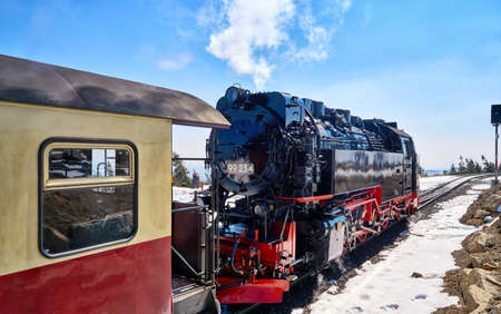 Steam train with snow in winter on the Brocken in the Harz Mountains. Germanyのeditorial素材