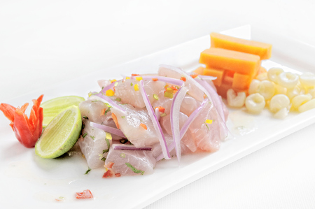 Ceviche, dish symbol of Peruvian gastronomy. On a white background.の写真素材