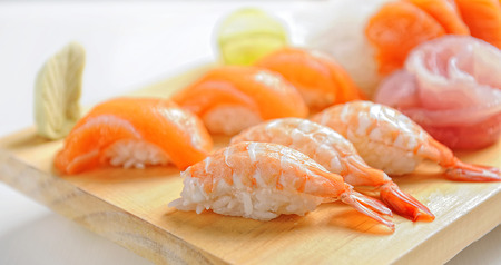 Japanese food consists of rice, salmon, eggplant. sushi for meal time.の写真素材