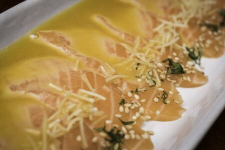 tiradito de salmon - Peruvian dish of raw fish, carpaccio. Niceの写真素材