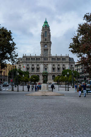Porto City Hall with statute, trees and peopleの写真素材