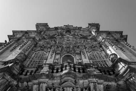 Carmo church facade in black and white. Details carved in stone.
