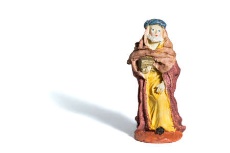 Christmas Crib porcelain Melchior wise man, white backgroundの写真素材