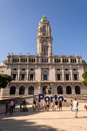 Porto City Hall with people and blue font word.のeditorial素材