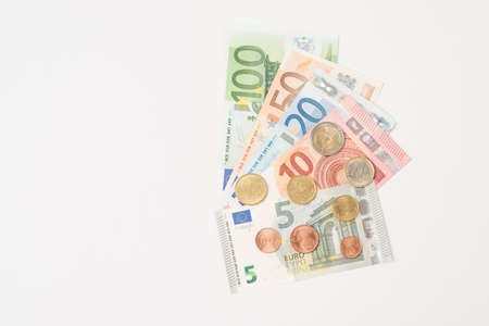 Various euro bills and coins with different valueの写真素材