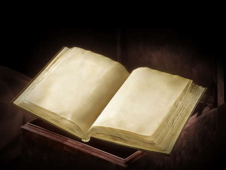 Book laying on a box with blank pages. Black background