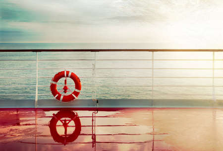 Grunge cruise deck background at dawn. Vintage post card.