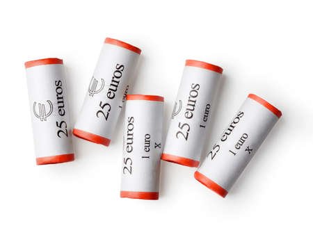 Five packed rolls of one euro piece against white background. Horizontal for banner.