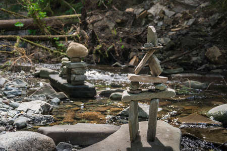 Inuksuk is a figure made of piled stones constructed to communicate with humans throughout the Arctic.の写真素材