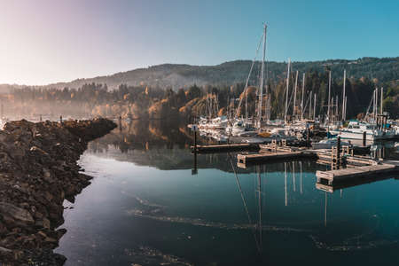 Calm morning in small harbor in Salt Spring Island located in British Columbia Canadaの写真素材