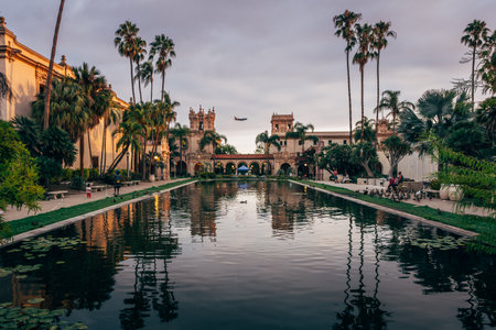 Visitors stroll along a lush park lined with palm trees beside a calm pond reflecting historical buildings at sunset.の写真素材