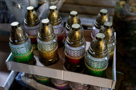 Colorful oil lamps for sale in a local market in India.の写真素材